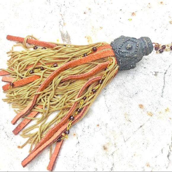 Tan & Orange leather Fan Pull or furniture Tassel Pull with ornate gray top VTG - Picture 13 of 13